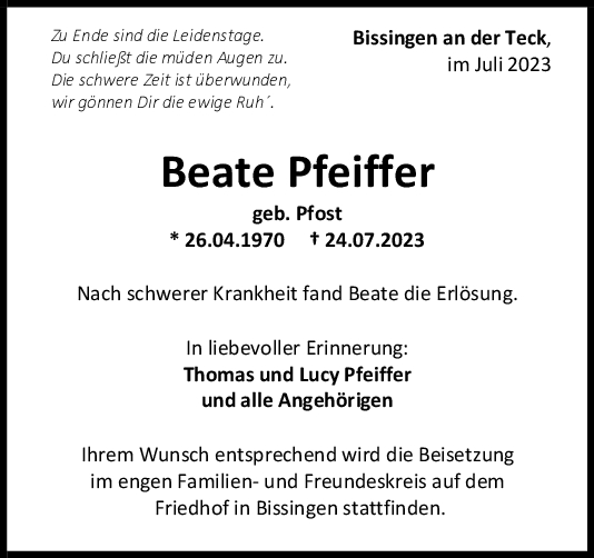 Trauer Beate Pfeiffer <br><p style=