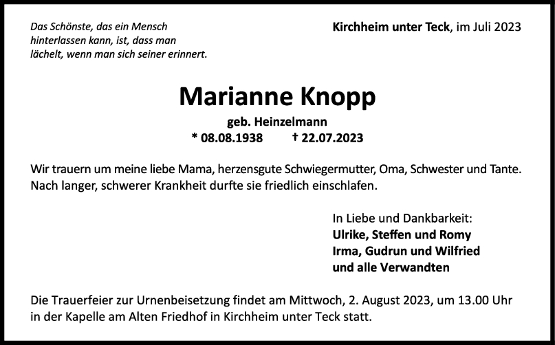 Trauer Marianne Knopp <br><p style=