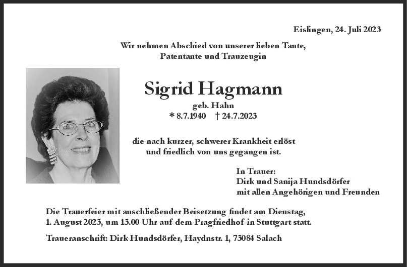 Trauer Sigrid Hagmann 29/07/2023