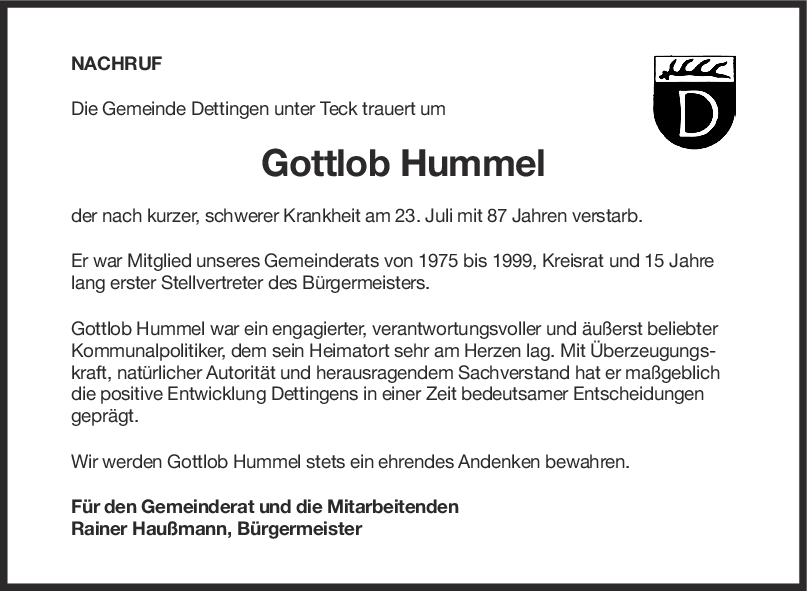 Nachruf Gottlob Hummel <br><p style=
