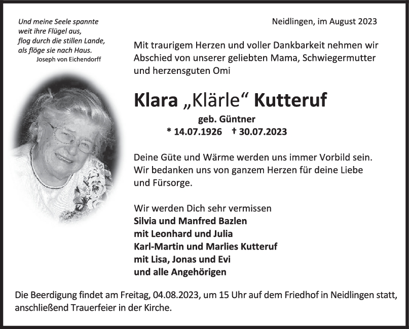 Trauer Klara Kutteruf <br><p style=