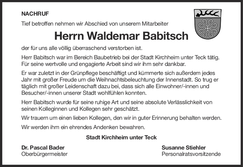 Nachruf Waldemar Babitsch <br><p style=