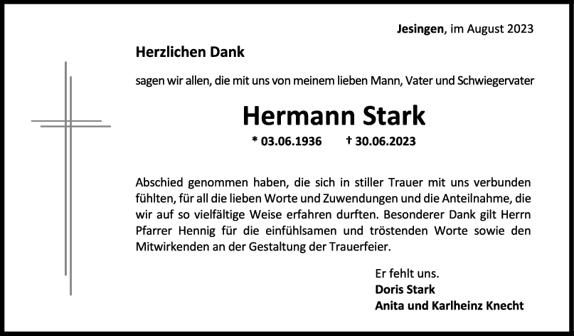 Trauer Hermann Stark 05/08/2023