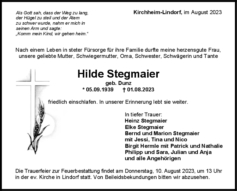 Trauer Hilde Steigmaier 05/08/2023