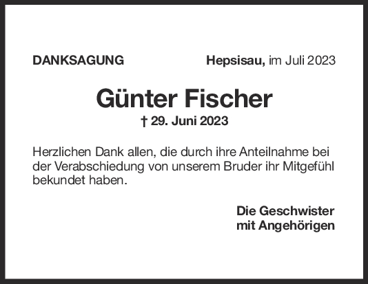 Danksagung Günter Fischer 09/08/2023