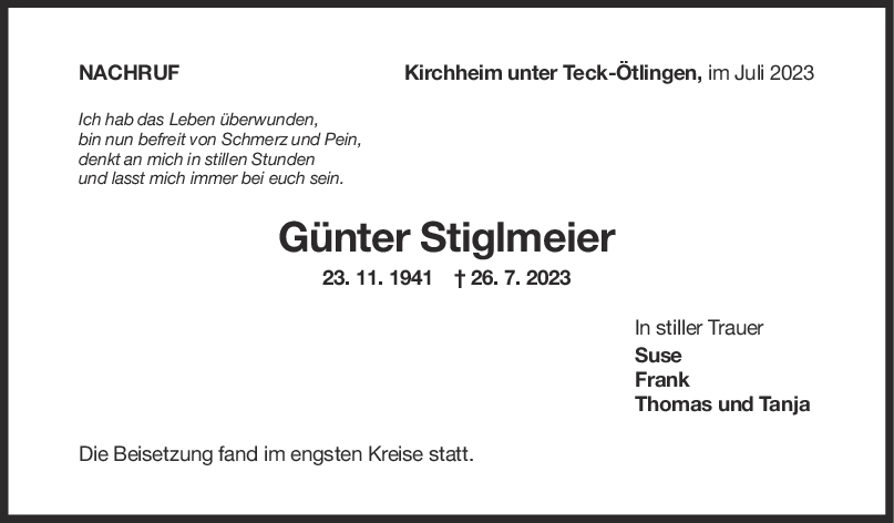 Nachrufe Günter Stiglmeier <br><p style=
