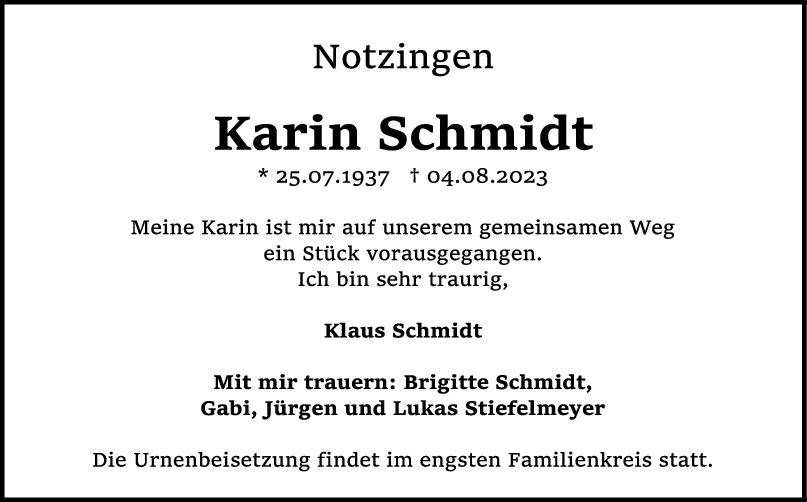 Trauer Karin Schmidt 12/08/2023