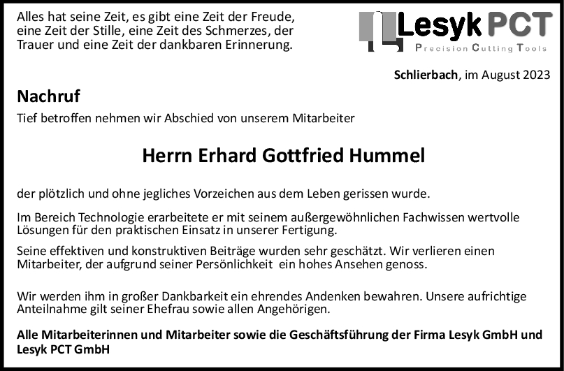 Nachruf Erhard Gottfried Hummel 12/08/2023