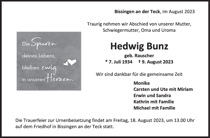 Trauer Hedwig Bunz 15/08/2023