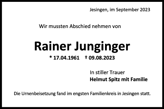 Trauer Rainer Junginger 02/09/2023
