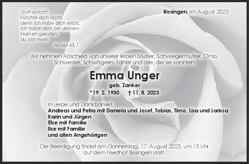 Trauer Emma Unger 15/08/2023