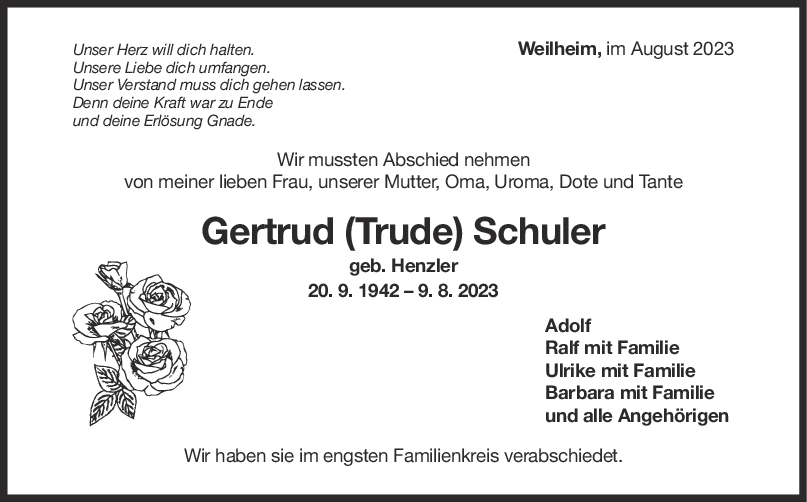 Trauer Gertrud Schuler 26/08/2023