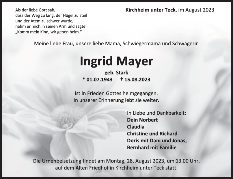 Trauer Ingrid Mayer 19/08/2023