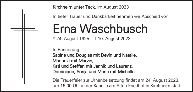 Trauer Erna Waschbusch 19/08/2023