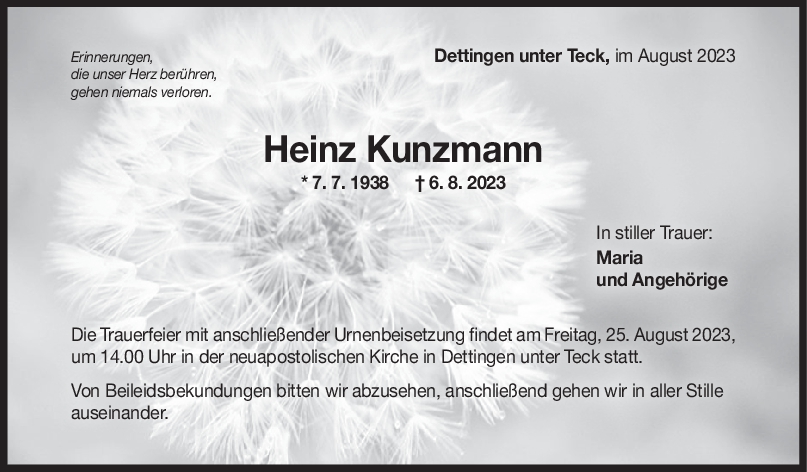Trauer Heinz Kunzmann 19/08/2023