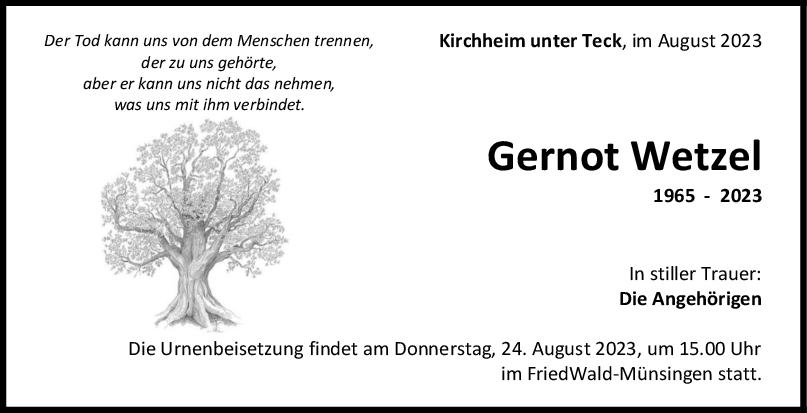 Trauer Gernot Wetzel 19/08/2023