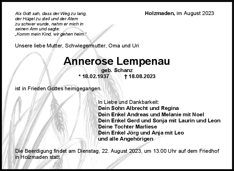 Trauer Annerose Lempenau <br><p style=