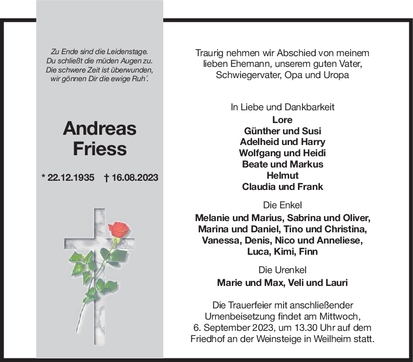 Trauer Andreas Friess 02/09/2023