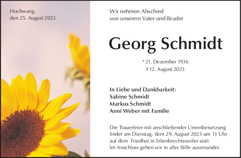 Trauer Georg Schmidt 25/08/2023