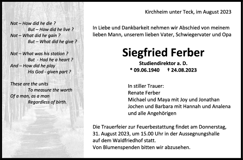 Trauer Siegfried Ferber <br><p style=