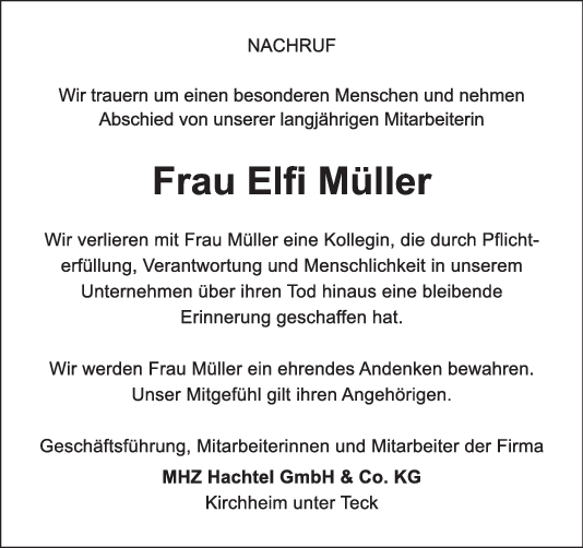 Nachruf Elfi Müller 29/08/2023
