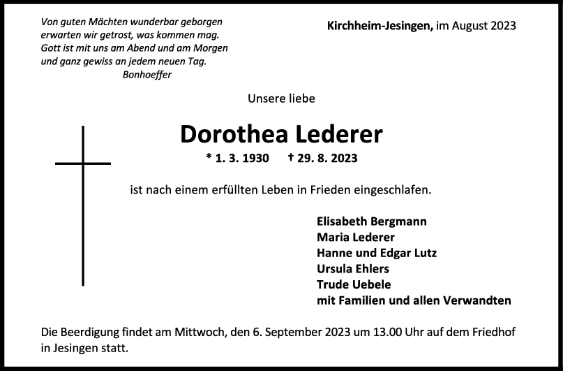 Trauer Dorothea Lederer <br><p style=