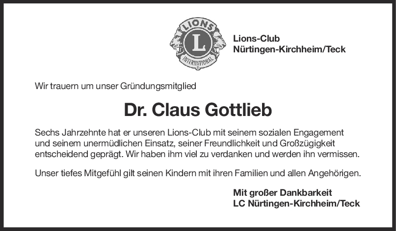 Nachruf Dr. Claus Gottlieb <br><p style=