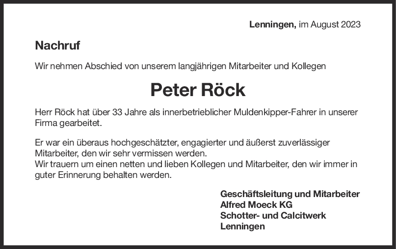 Nachruf Peter Röck <br><p style=