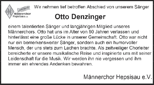 Nachruf Otto Denzinger <br><p style=