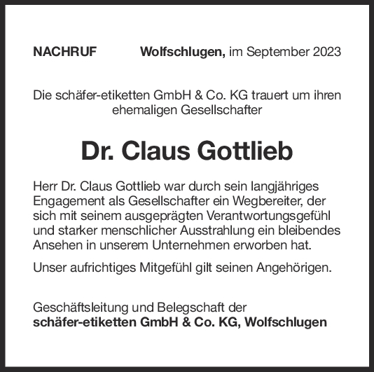 Nachruf Dr. Claus Gottlieb <br><p style=