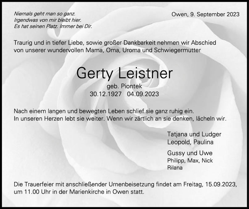 Trauer Gerty Leistner <br><p style=