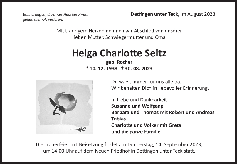 Trauer Helga Charlotte Seitz <br><p style=