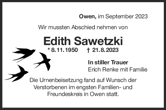 Trauer Edith Sawetzki <br><p style=