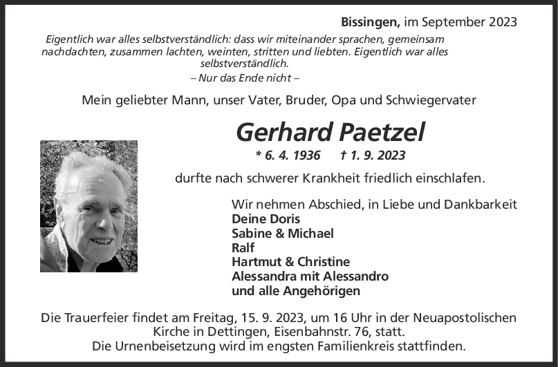 Trauer Gerhard Paetzel <br><p style=