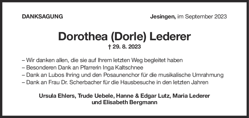 Danksagung Dorothea Lederer <br><p style=