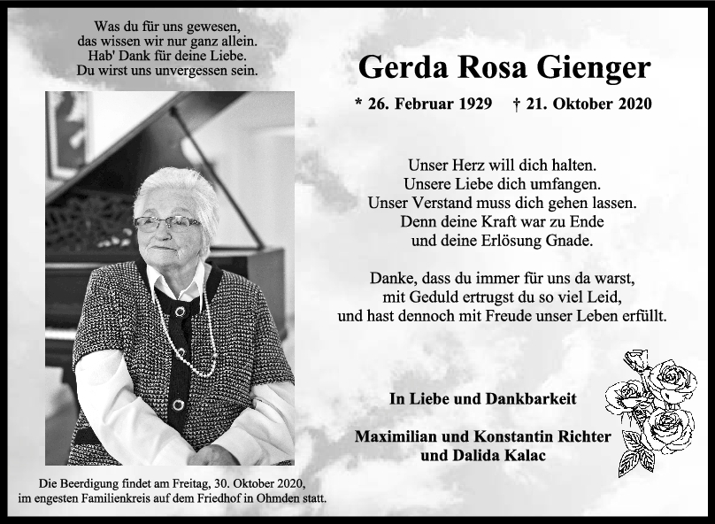 Trauer Gerda Rosa Gienger <br><p style=