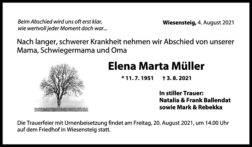 Trauer Elena Marta Müller <br><p style=