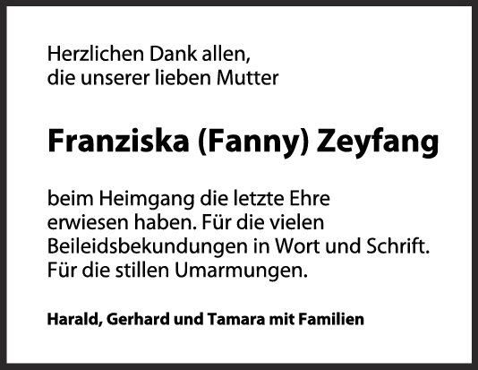 Danksagung Franziska (Fanny) Zeyfang <br><p style=