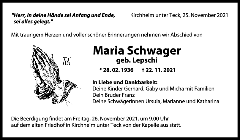 Trauer Maria Schwager <br><p style=