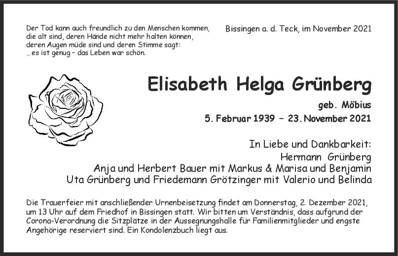 Trauer Elisabeth Helga Grünberg <br><p style=