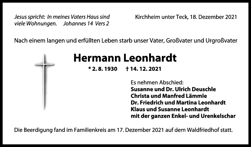 Trauer Hermann Leonhardt <br><p style=