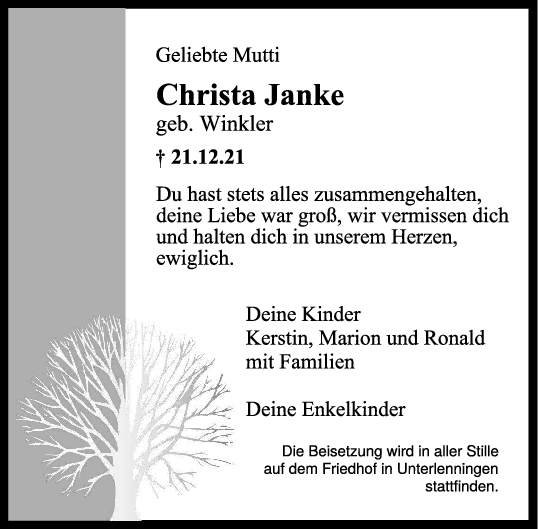Trauer Christa Janke <br><p style=