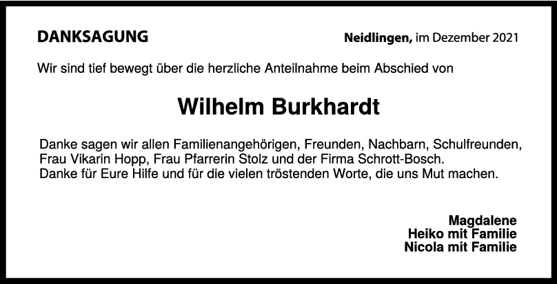 Danksagung Wilhelm Burkhardt <br><p style=