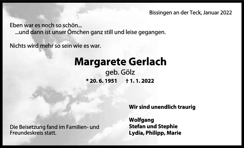 Trauer Margarete Gerlach <br><p style=