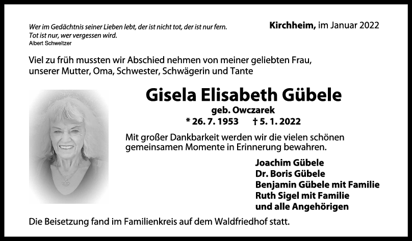 Trauer Gisela Elisabeth Gübele <br><p style=