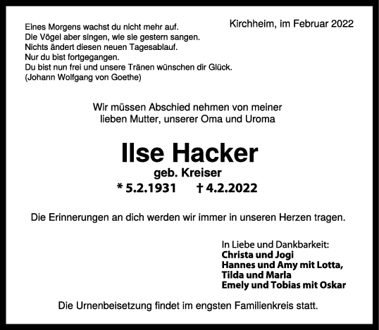 Trauer Ilse Hacker 07/02/2022