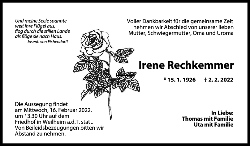 Trauer Irene Rechkemmer 08/02/2022