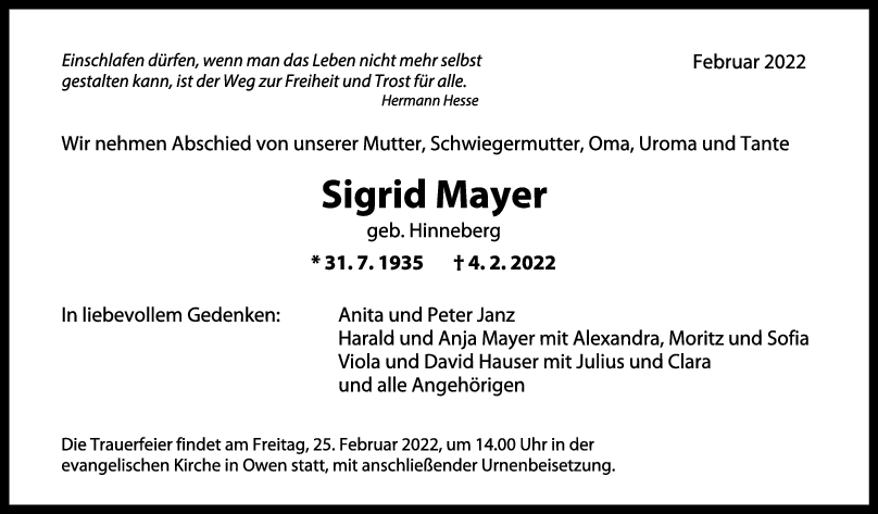 Trauer Sigrid Mayer 19/02/2022