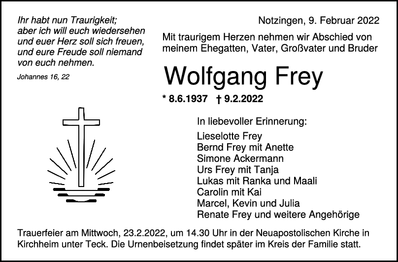 Trauer Wolfgang Frey 19/02/2022