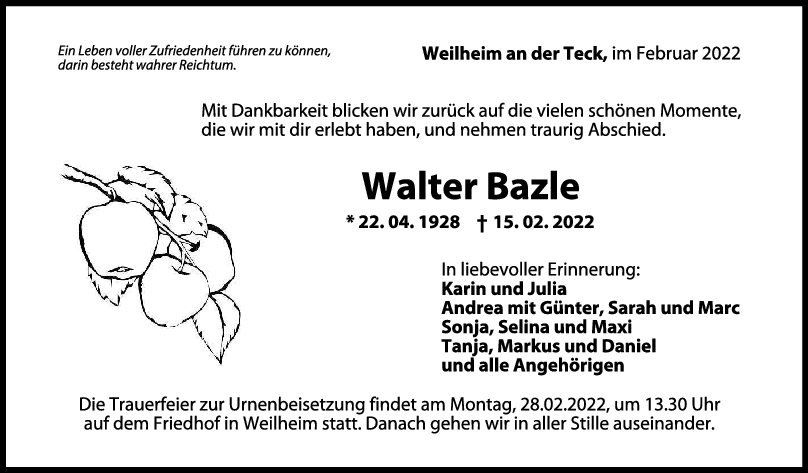 Trauer Walter Bazle 23/02/2022